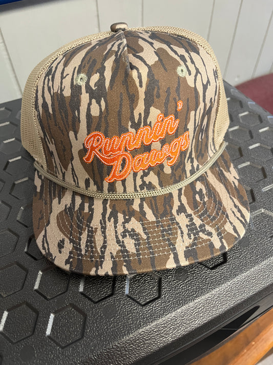 Runnin' Dawgs Hat with Mesh Back, Flat Bill, Timber Camo with Rope