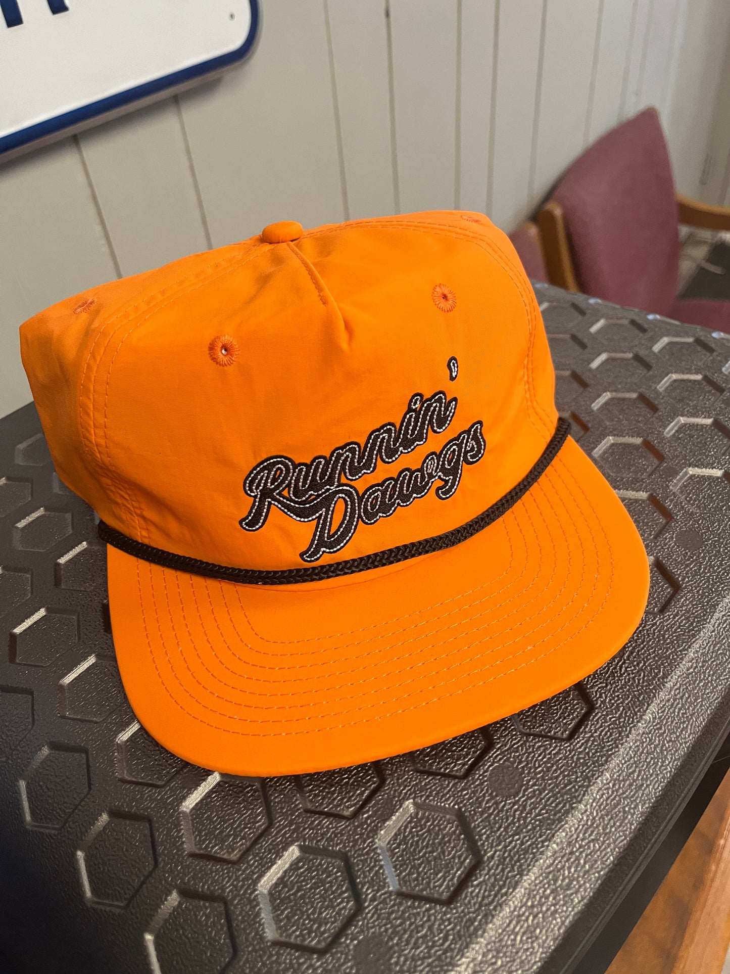 Runnin' Dawgs Hat with Solld Back, Flat Bill, Orange with Rope