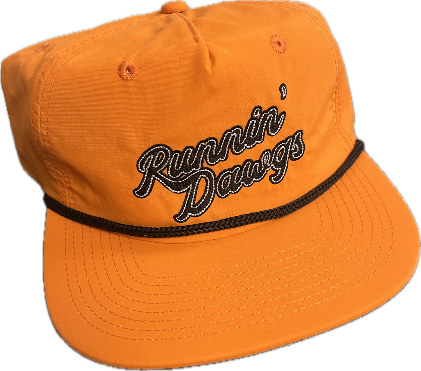 Runnin' Dawgs Hat with Solld Back, Flat Bill, Orange with Rope