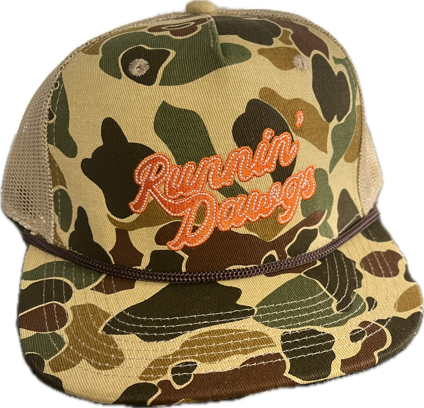 Runnin' Dawgs Mesh Back, Flat Bill, Duck Camo with Rope